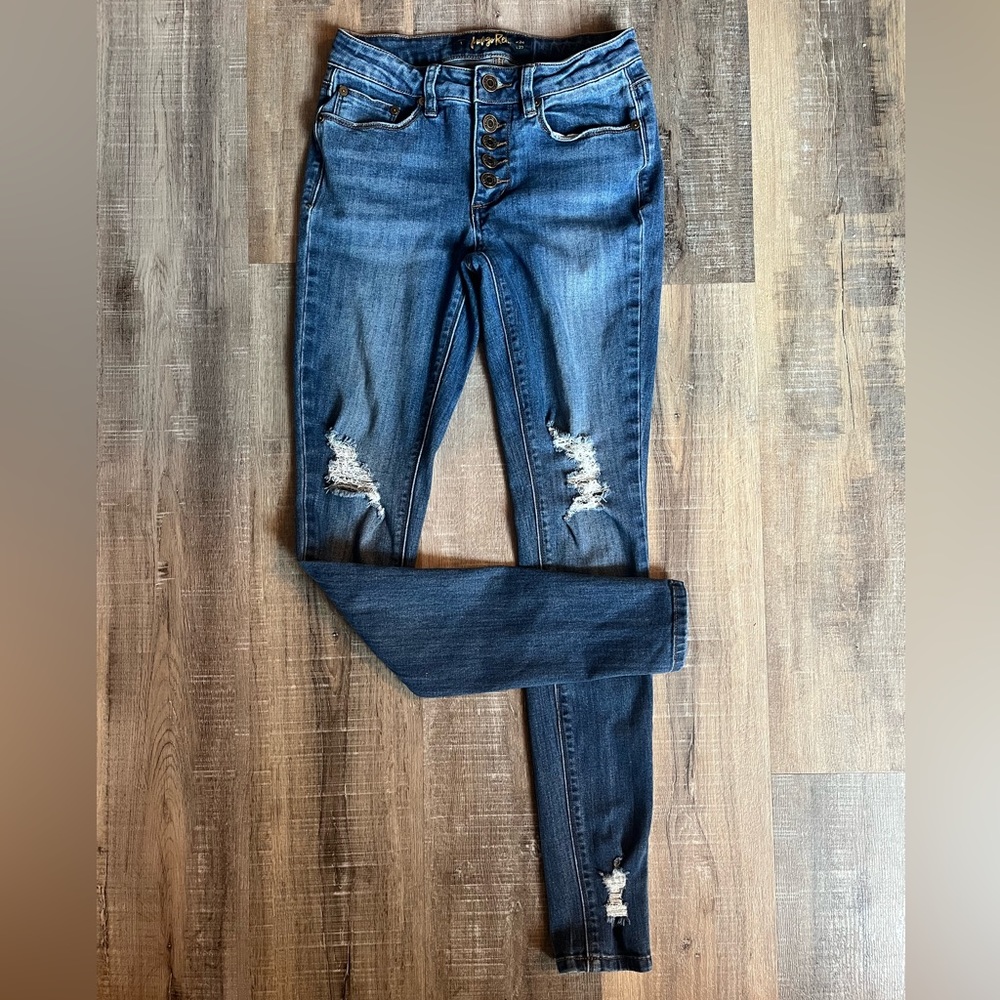 Indigo Rein Button Fly Distressed Skinny Jeans
